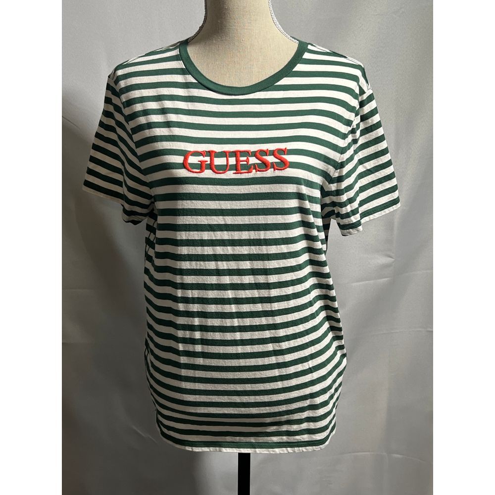 GUESS Green & White Striped T-Shirt with Red Logo Casual Top Size Small Y2K 90's